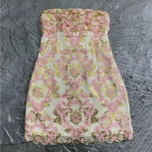 Lilly Pulitzer Celina Pink Floral Metallic Gold Ruffle Strapless Dress